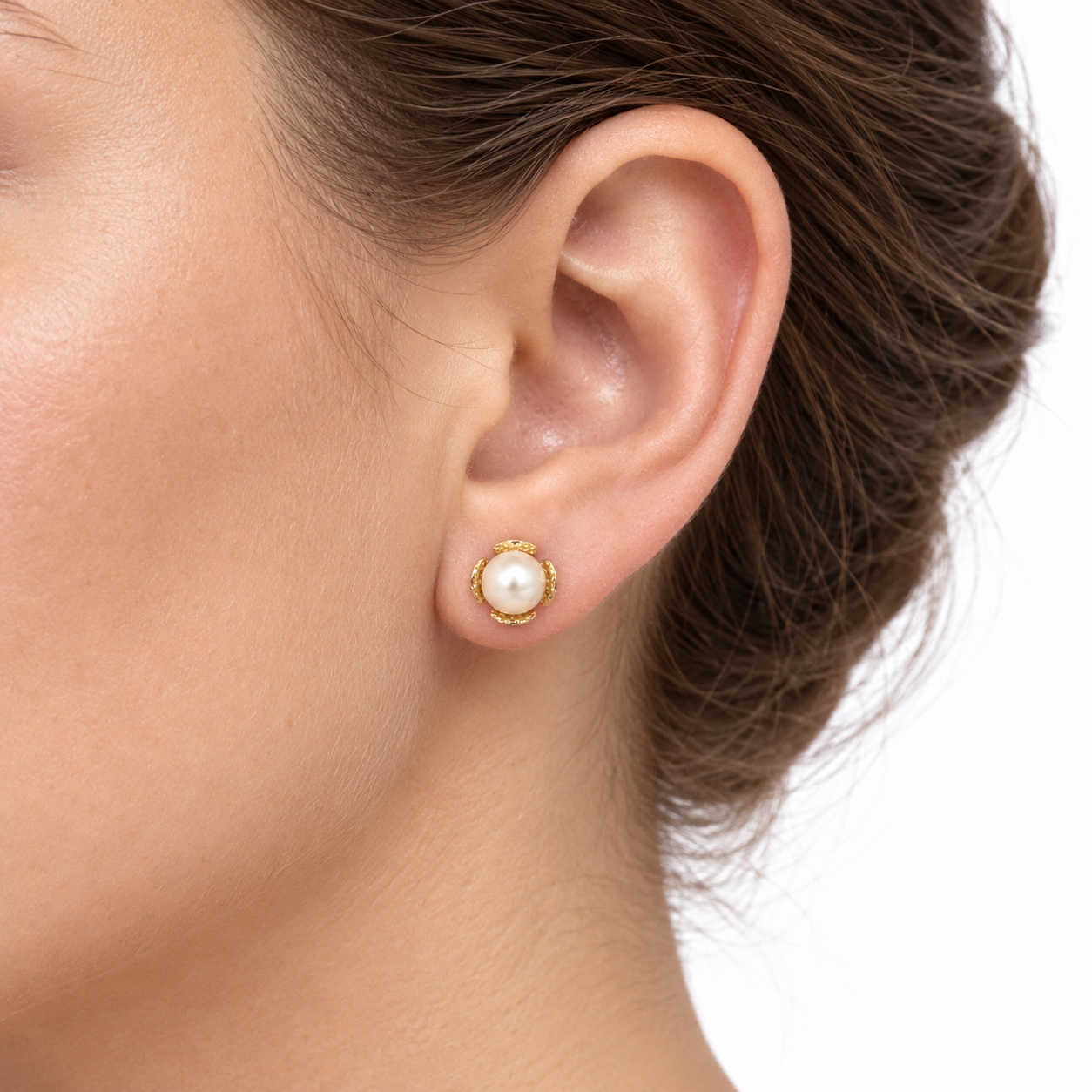 14K Yellow Gold Pearl Bud Floral Stud Earrings