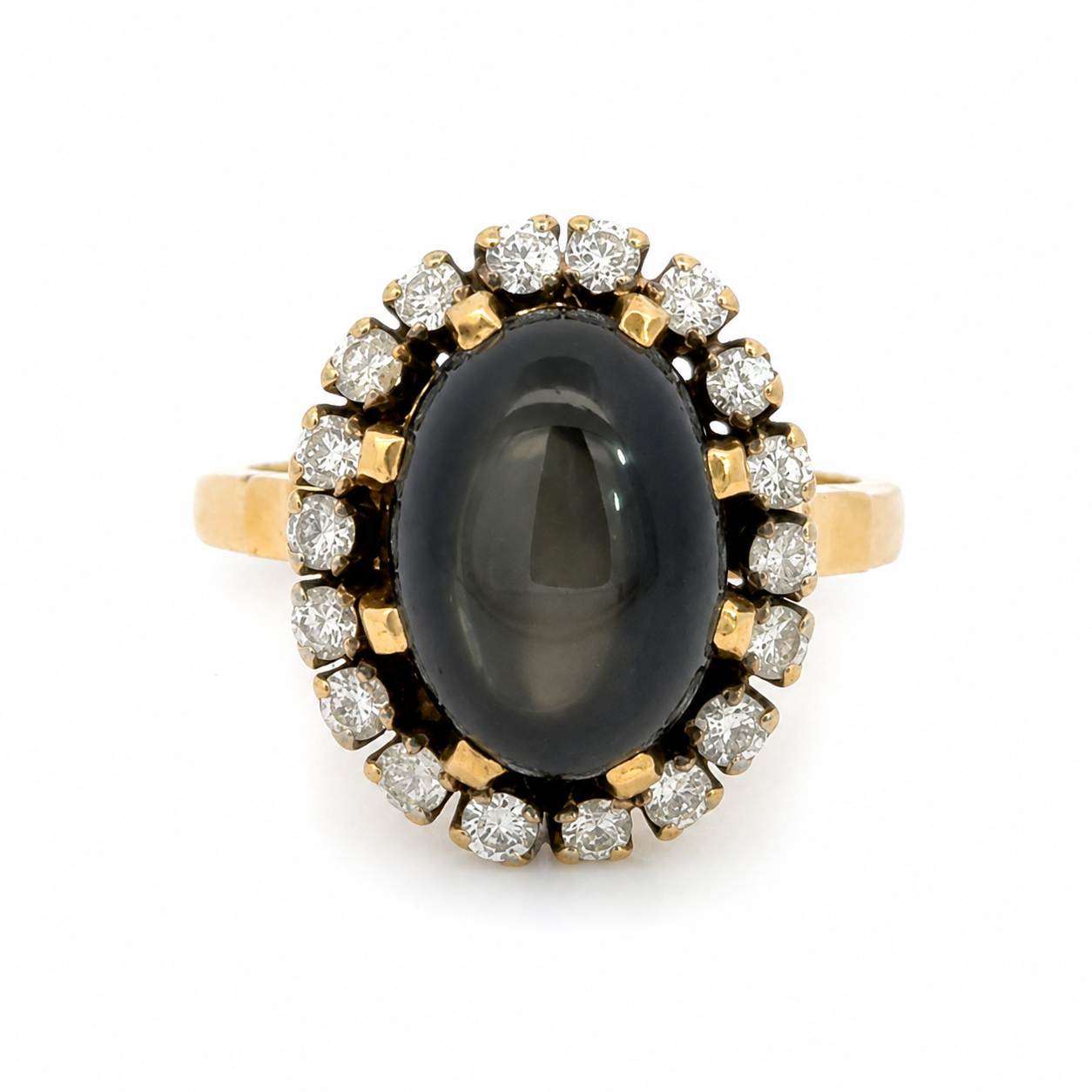Vintage Hematite & Diamond Halo Ring in 18K Yellow Gold
