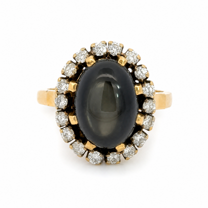 Vintage Hematite & Diamond Halo Ring in 18K Yellow Gold