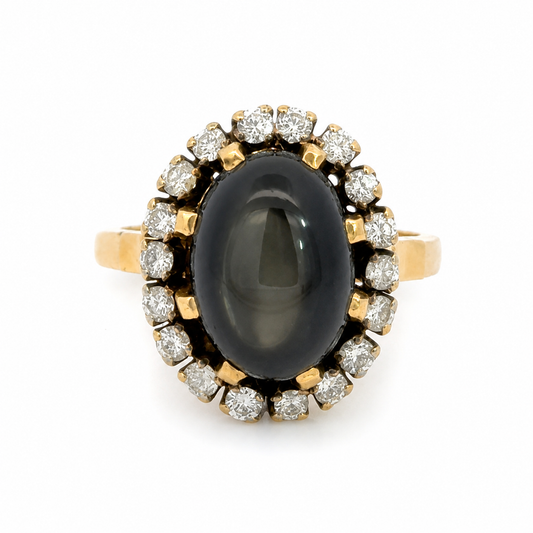 Vintage Hematite & Diamond Halo Ring in 18K Yellow Gold
