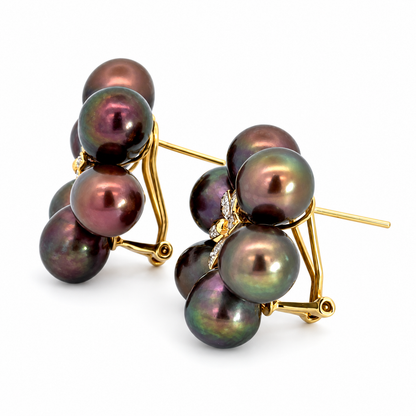 14K Yellow Gold Oval Black Pearl Flower Earrings