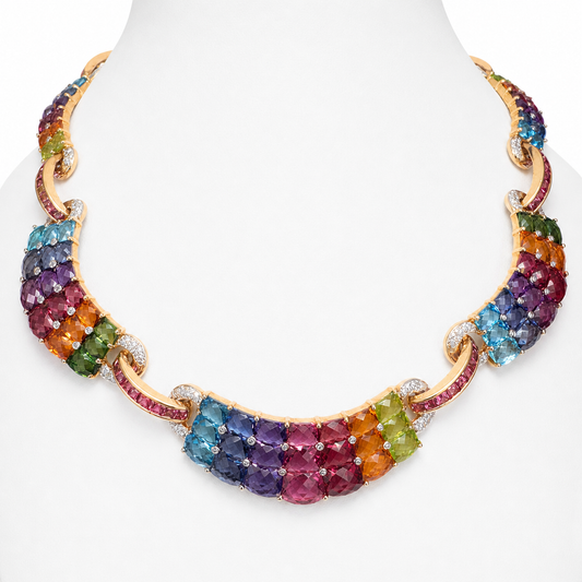 Luxury 18K Gold Rainbow Gemstone Necklace with Diamonds – 70CT Natural Stones, 16”