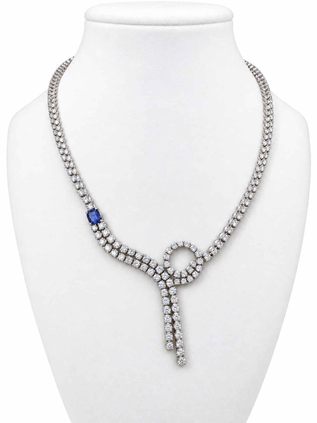 18K White Gold Diamond & Tanzanite Necklace — 11.75 CT Diamonds with Asymmetric Loop & Double Drop