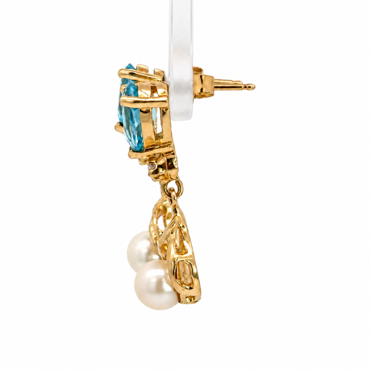 14K Yellow Gold Blue Topaz & Pearl Drop Earrings