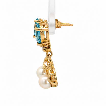 14K Yellow Gold Blue Topaz & Pearl Drop Earrings