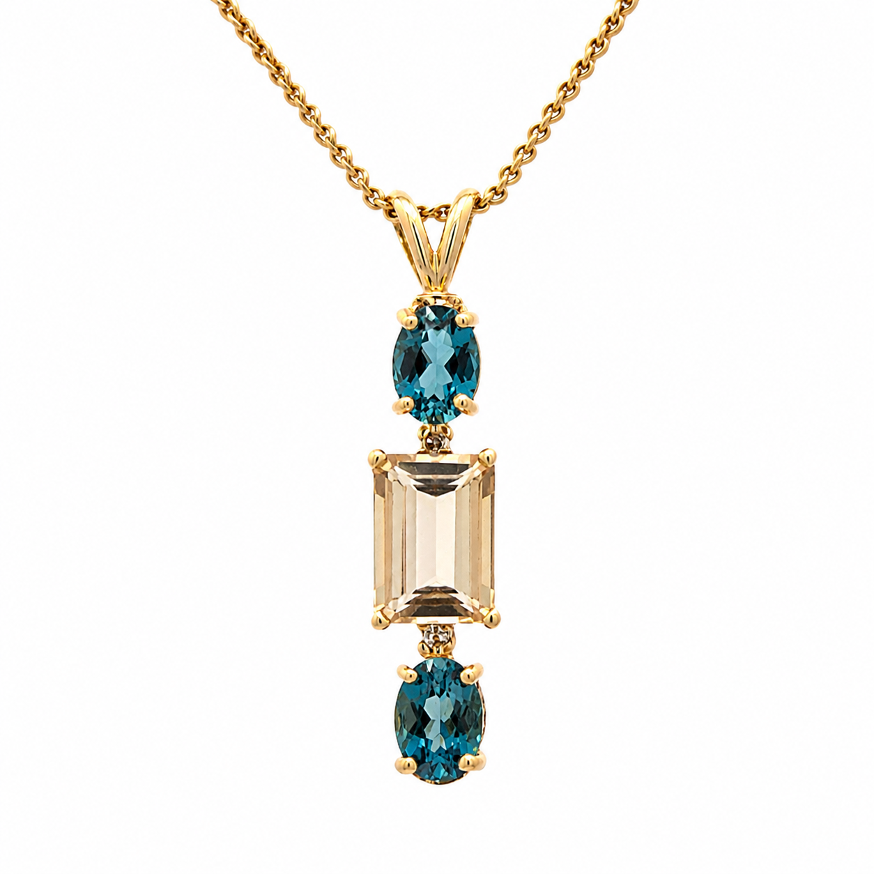 14K Yellow Gold Multi-Stone Pendant Blue Topaz & Smoky Quartz