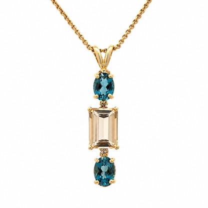 14K Yellow Gold Multi-Stone Pendant Blue Topaz & Smoky Quartz