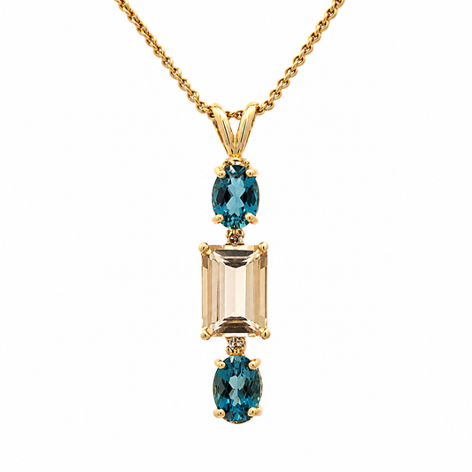 14K Yellow Gold Multi-Stone Pendant Blue Topaz & Smoky Quartz