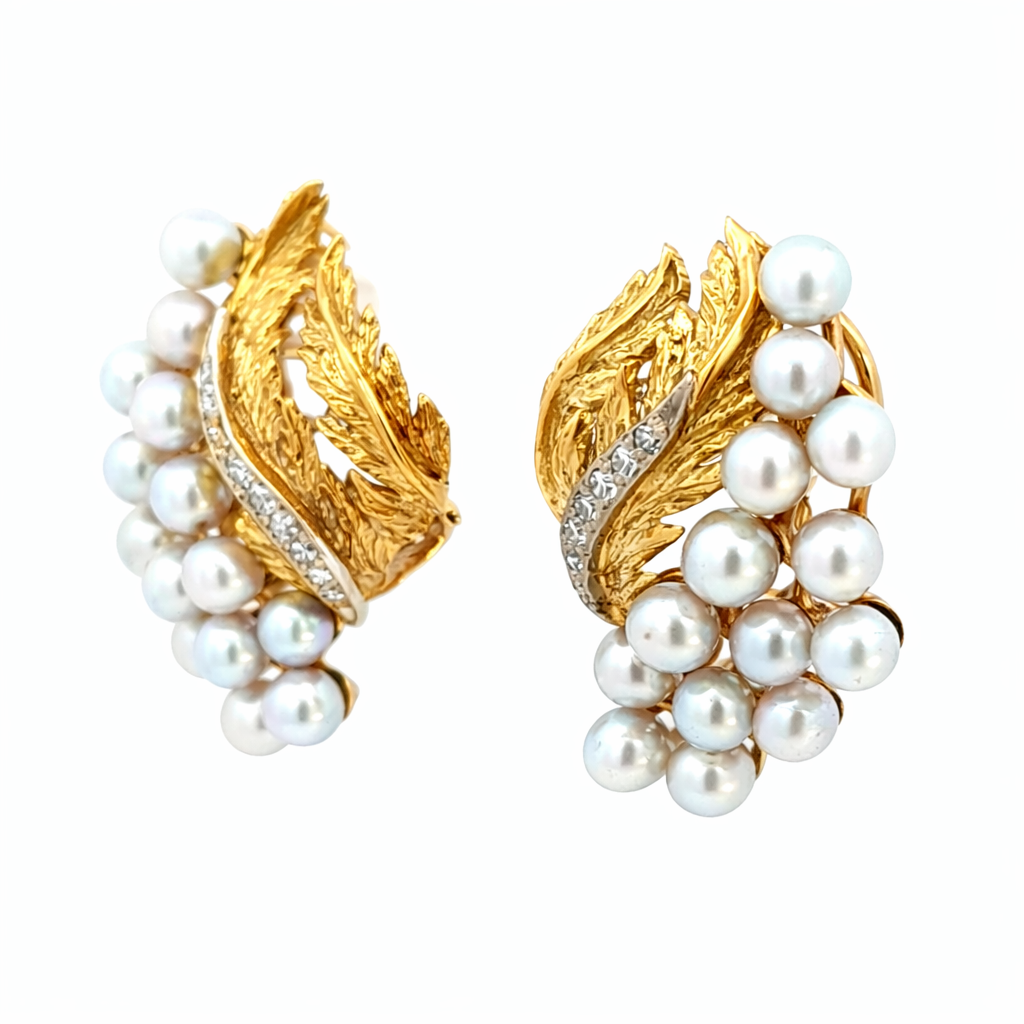 Vintage 14K Gold Diamond & Pearl Leaf Clip-On Earrings