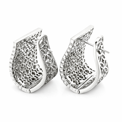 Vintage 1980s 18K White Gold Diamond Lattice Hoop Earrings