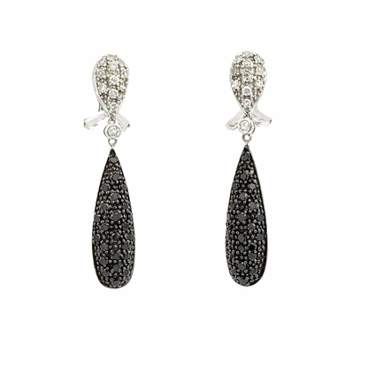14K White Gold Black & White Diamond Drop Earrings French Clip