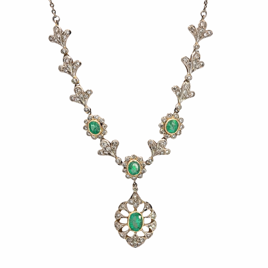 Vintage 18K Yellow Gold Emerald & Diamond Drop Necklace