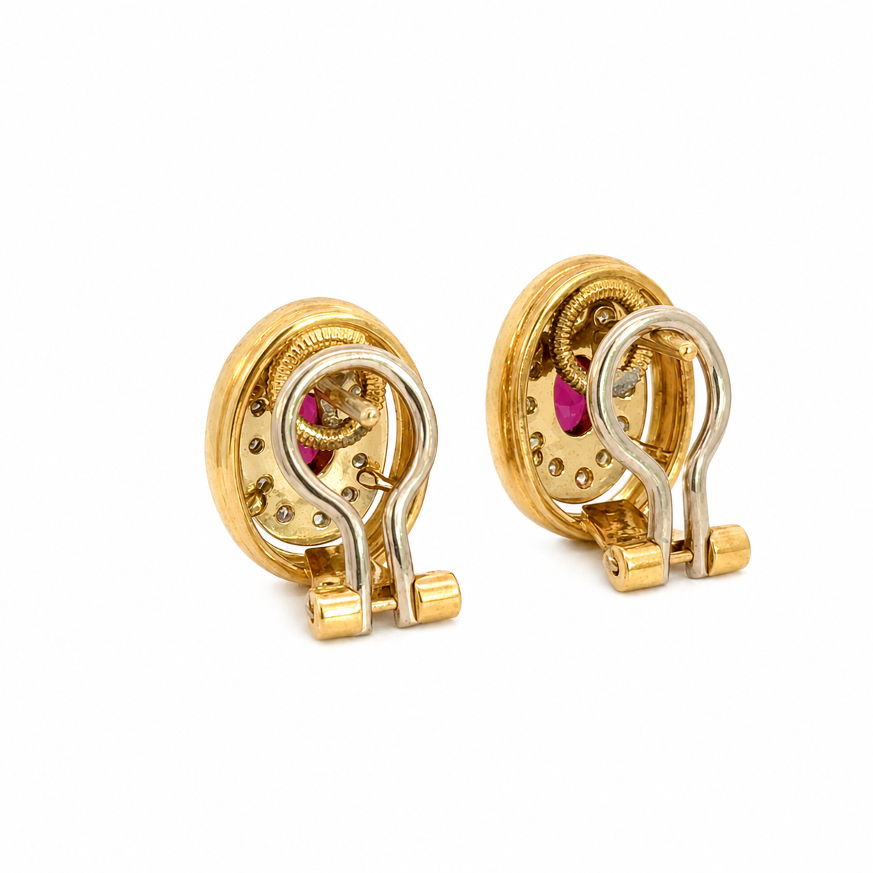 Vintage Magenta Ruby & Diamonds Oval Earrings in 18K Gold