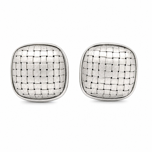 Italian 14K White Gold Basket-Weave Puff Button Earrings