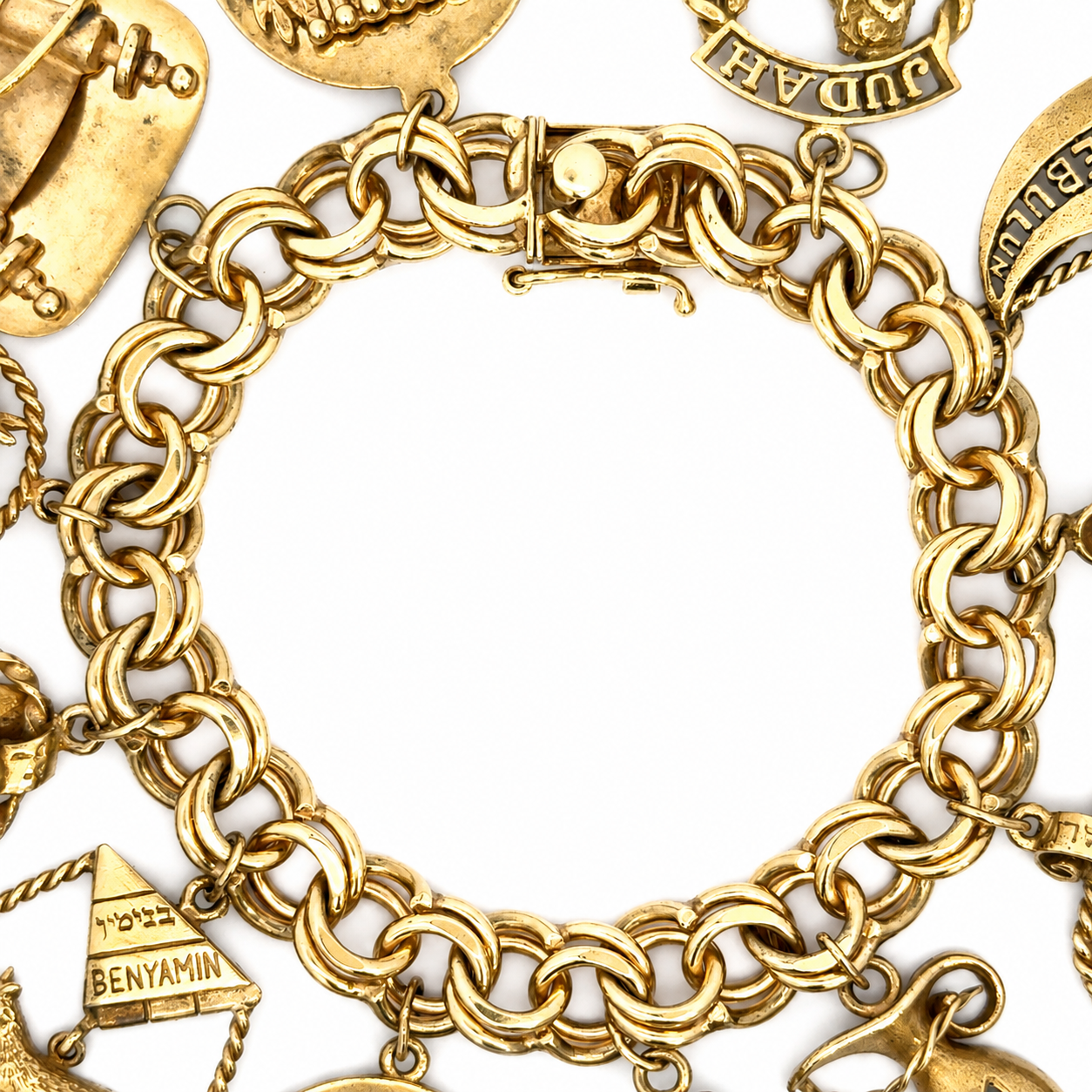 Vintage 14K Yellow Gold Twelve Tribes of Israel Charm Bracelet with 12 Large Gold Charms