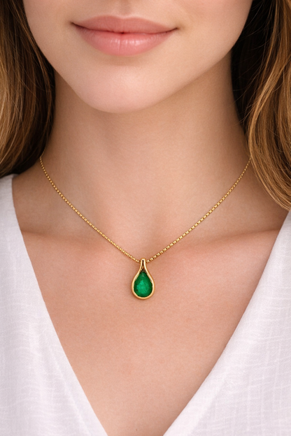 Natural Emerald Pear Pendant Necklace 14K Yellow Gold