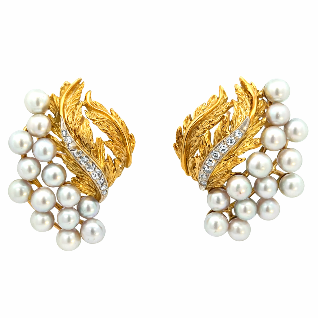Vintage 14K Gold Diamond & Pearl Leaf Clip-On Earrings