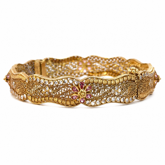 Vintage 22K Yellow Gold Filigree Bangle with Pink Swarovski Crystals & Cubic Zirconia