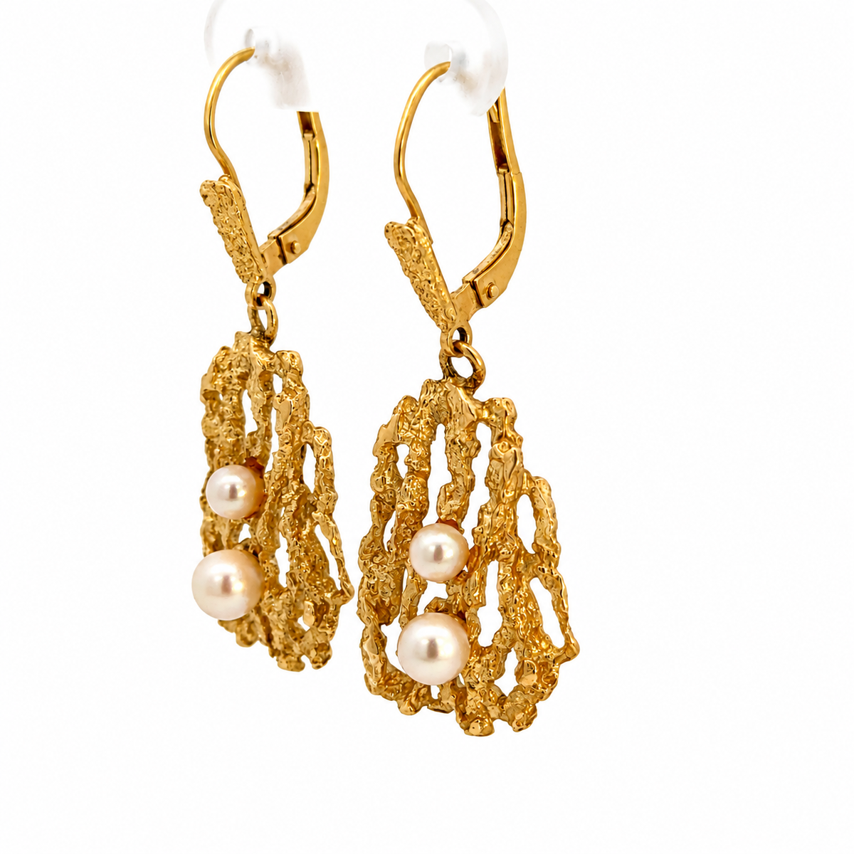 18K Yellow Gold Textured Openwork Pearl Drop Earrings