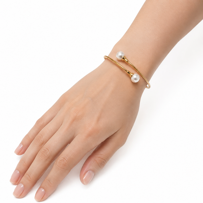 18K Yellow Gold Flexible Pearl Bypass Bangle
