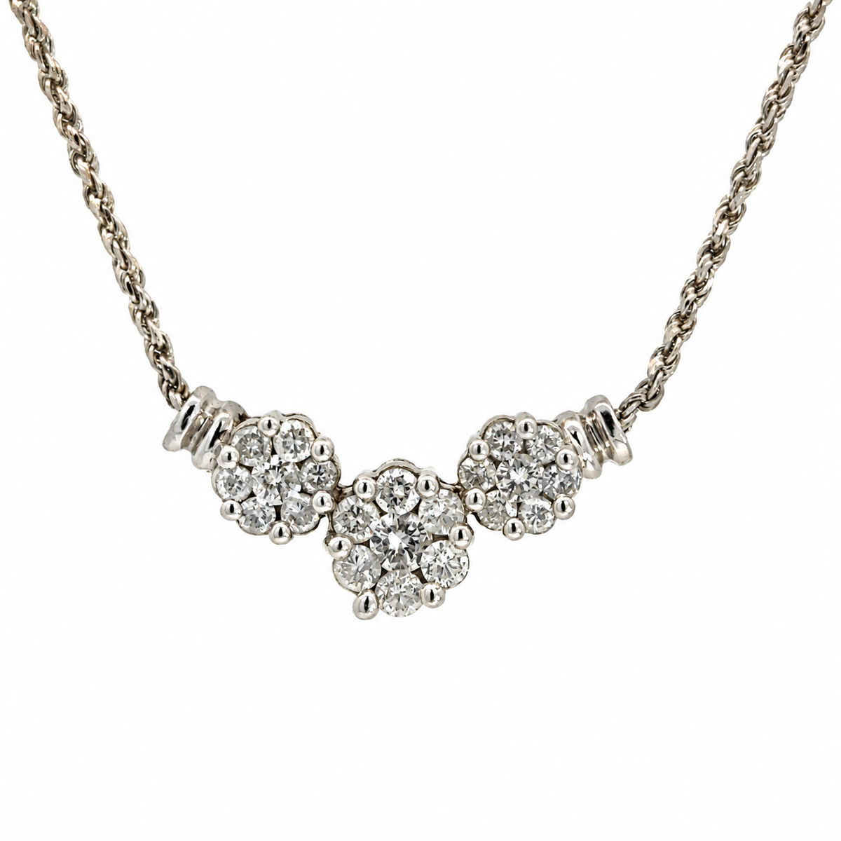 14K White Gold Three-Flower Diamond Cluster Necklace