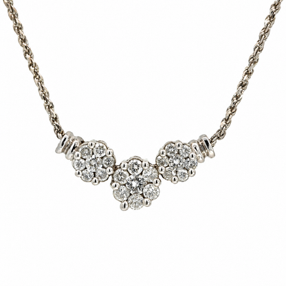 14K White Gold Three-Flower Diamond Cluster Necklace