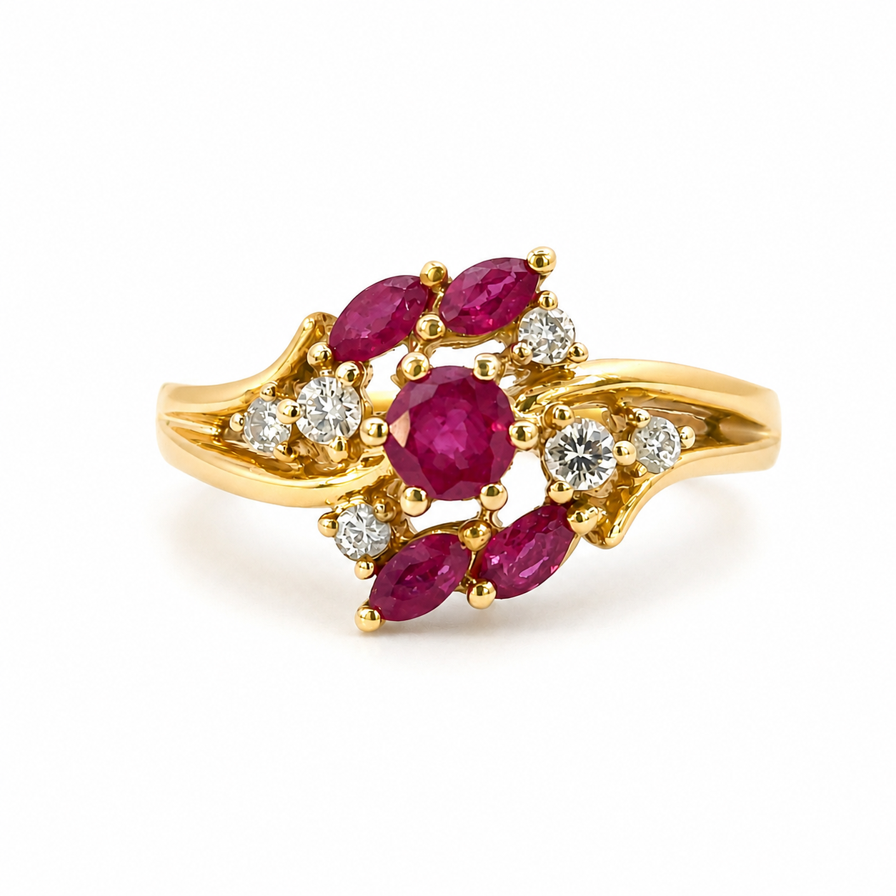 Vintage 14K Yellow Gold Ruby & Diamond Floral Ring