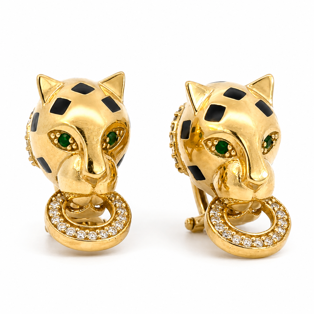 18K Yellow Gold Emerald, Onyx & Diamond Panther Earrings