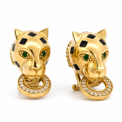 18K Yellow Gold Emerald, Onyx & Diamond Panther Earrings