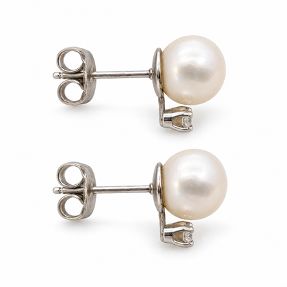 Elegant 14K White Gold Pearl Diamond Post Earrings