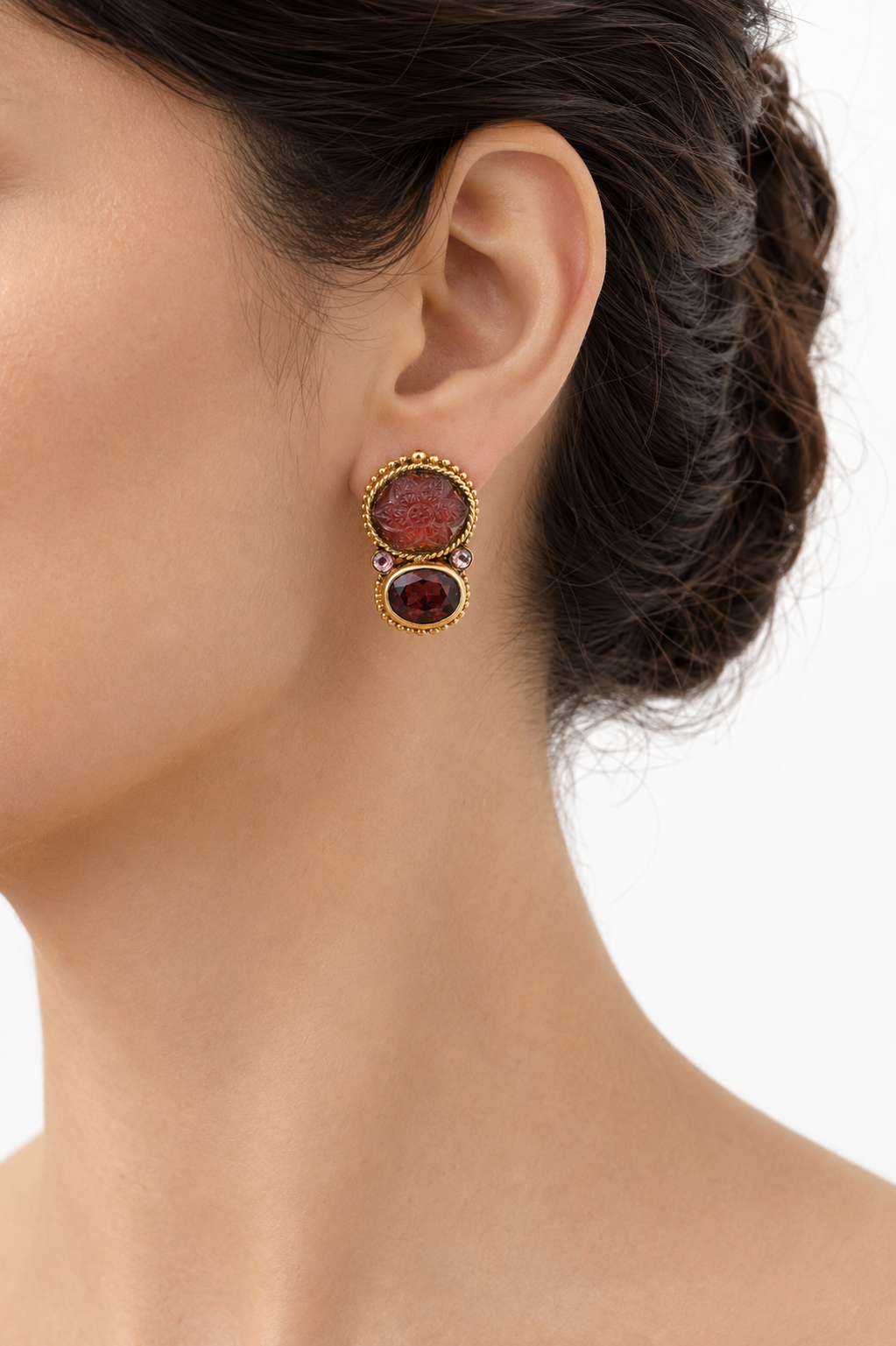 Stephen Dweck 18K Rose Gold Carved Tourmaline & Garnet Earrings