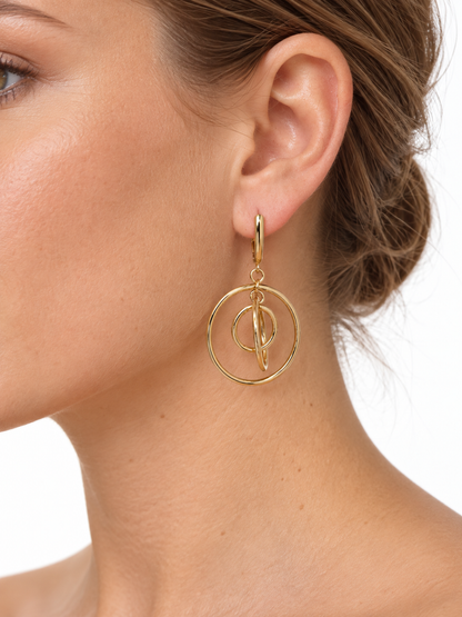 14K Yellow Gold Triple Circle Drop Earrings