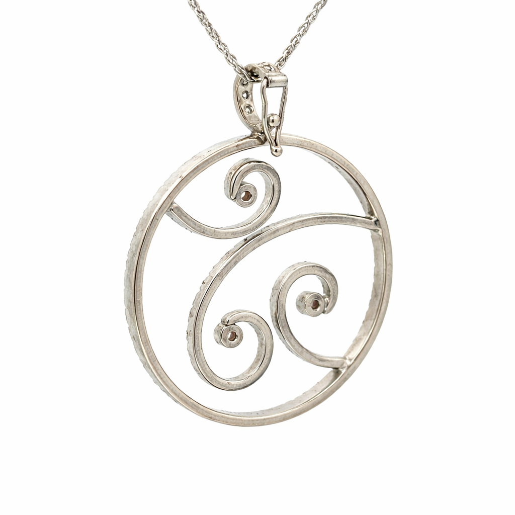 Large 18K White Gold Diamond Circle Swirl Enhancer Pendant