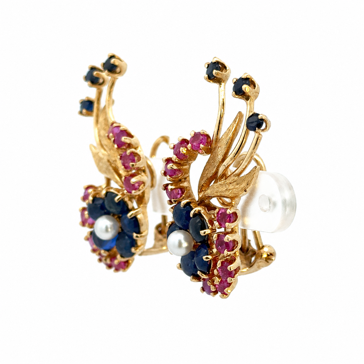 Vintage 14K Yellow Gold Ruby, Sapphire & Pearl Floral Clip-On Earrings