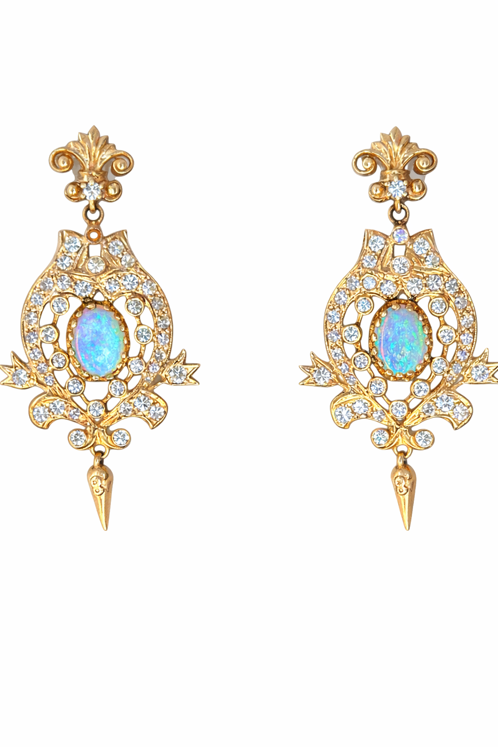 Ornate Vintage Opal and Diamond Earrings in 14K Gold