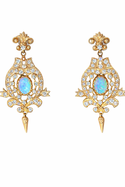Ornate Vintage Opal and Diamond Earrings in 14K Gold