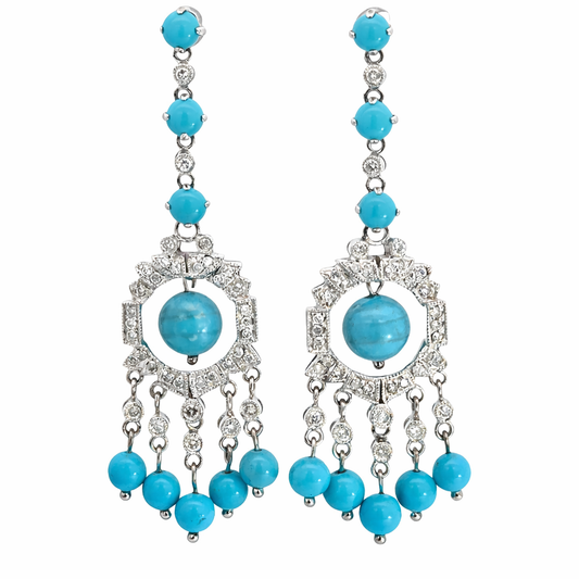 Vintage White Gold Turquoise Bead Drop Earrings with Diamonds