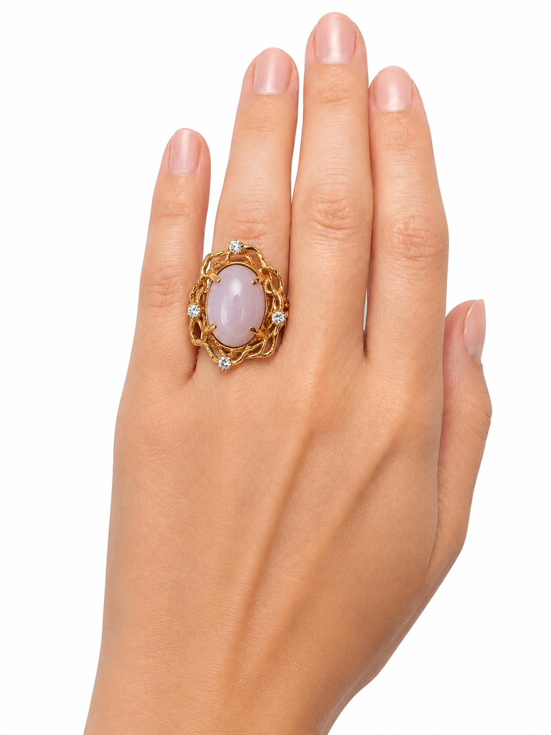 Unique Artisan Lavender Jade Diamond Ring in 14K Gold