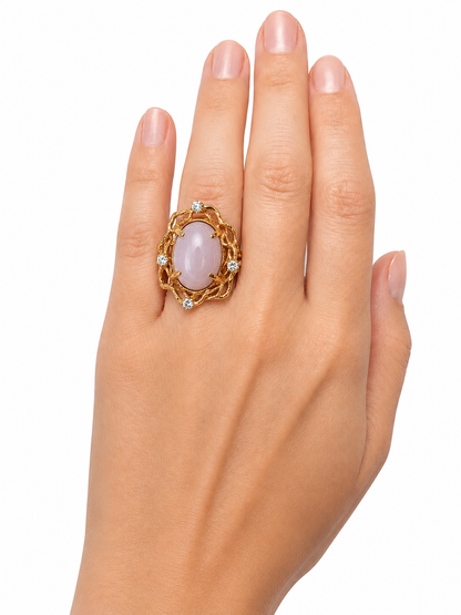 Unique Artisan Lavender Jade Diamond Ring in 14K Gold