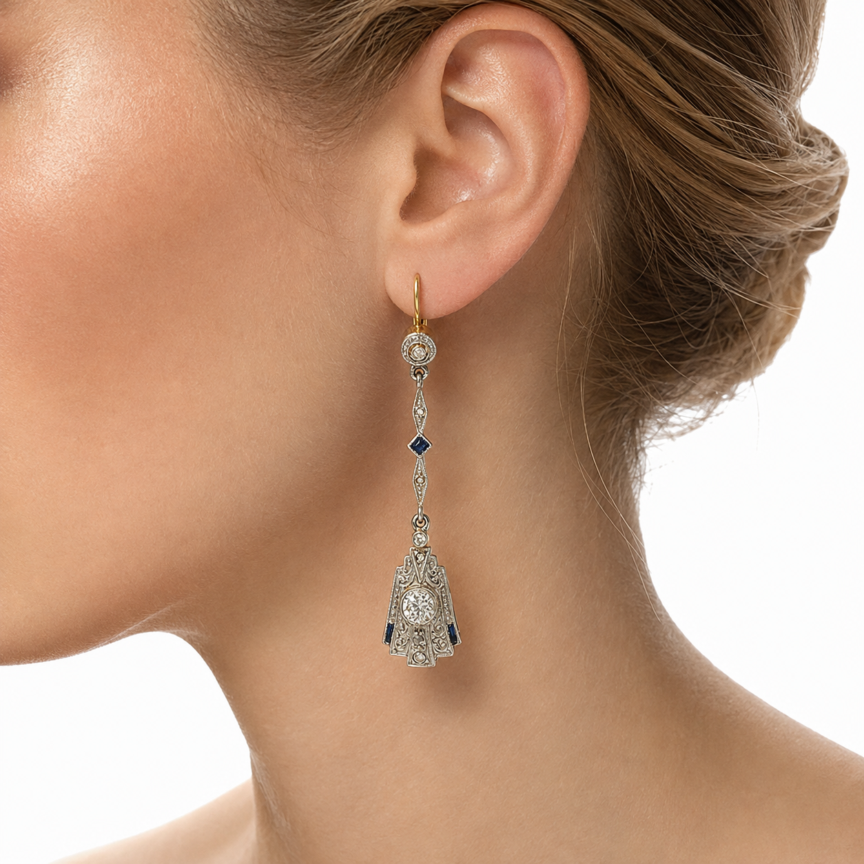 Antique Art Deco 18K Two-Tone Gold Sapphire & Diamond Filigree Drop Earrings
