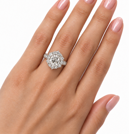 18K White Gold Round Diamond Cluster Ring with Diamond Shoulders
