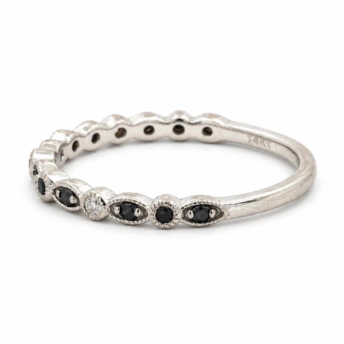 14K White Gold Black & White Diamond Milgrain Band