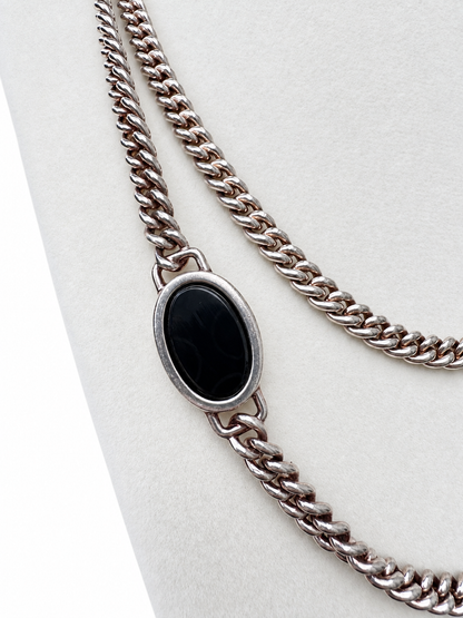 Vintage Hermès Silver Tiger’s Eye & Onyx 38” Sautoir Necklace with Original Box