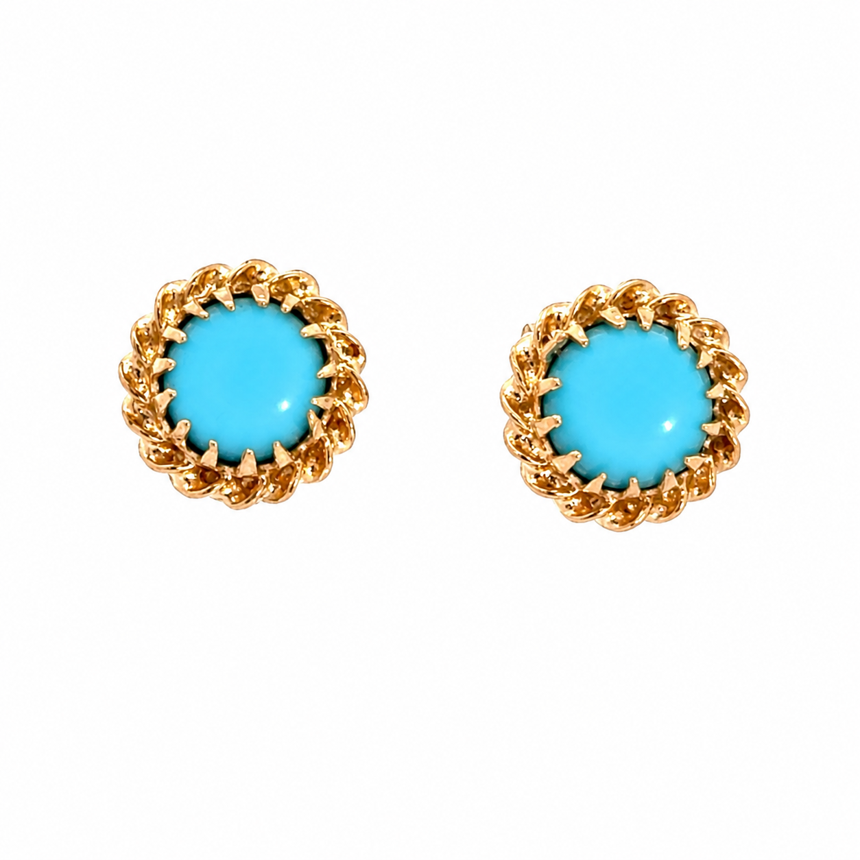14K Yellow Gold     Round Turquoise Stud Earrings with Rope Detail