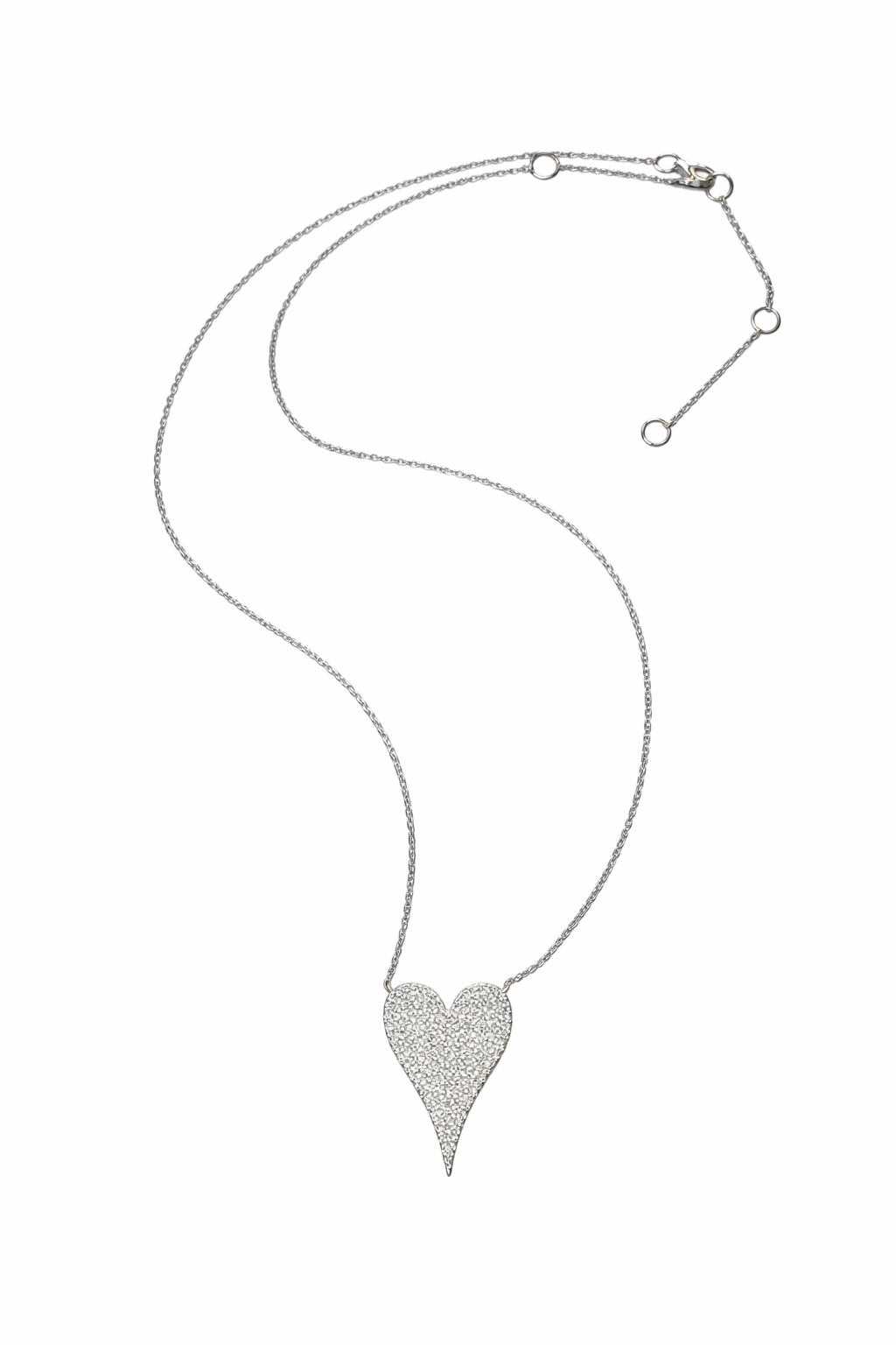 14K White Gold Pavé Diamond Heart Necklace – Adjustable 15–18”