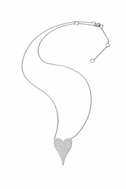 14K White Gold Pavé Diamond Heart Necklace – Adjustable 15–18”