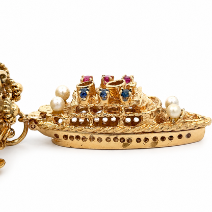 Vintage 14K Yellow Gold Story Charm Bracelet with Nine Gemstone & Pearl Charms