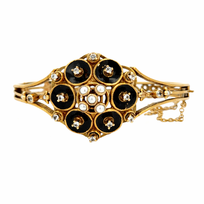 Antique 14K Yellow Gold Black Enamel, Diamond & Seed Pearl Bangle
