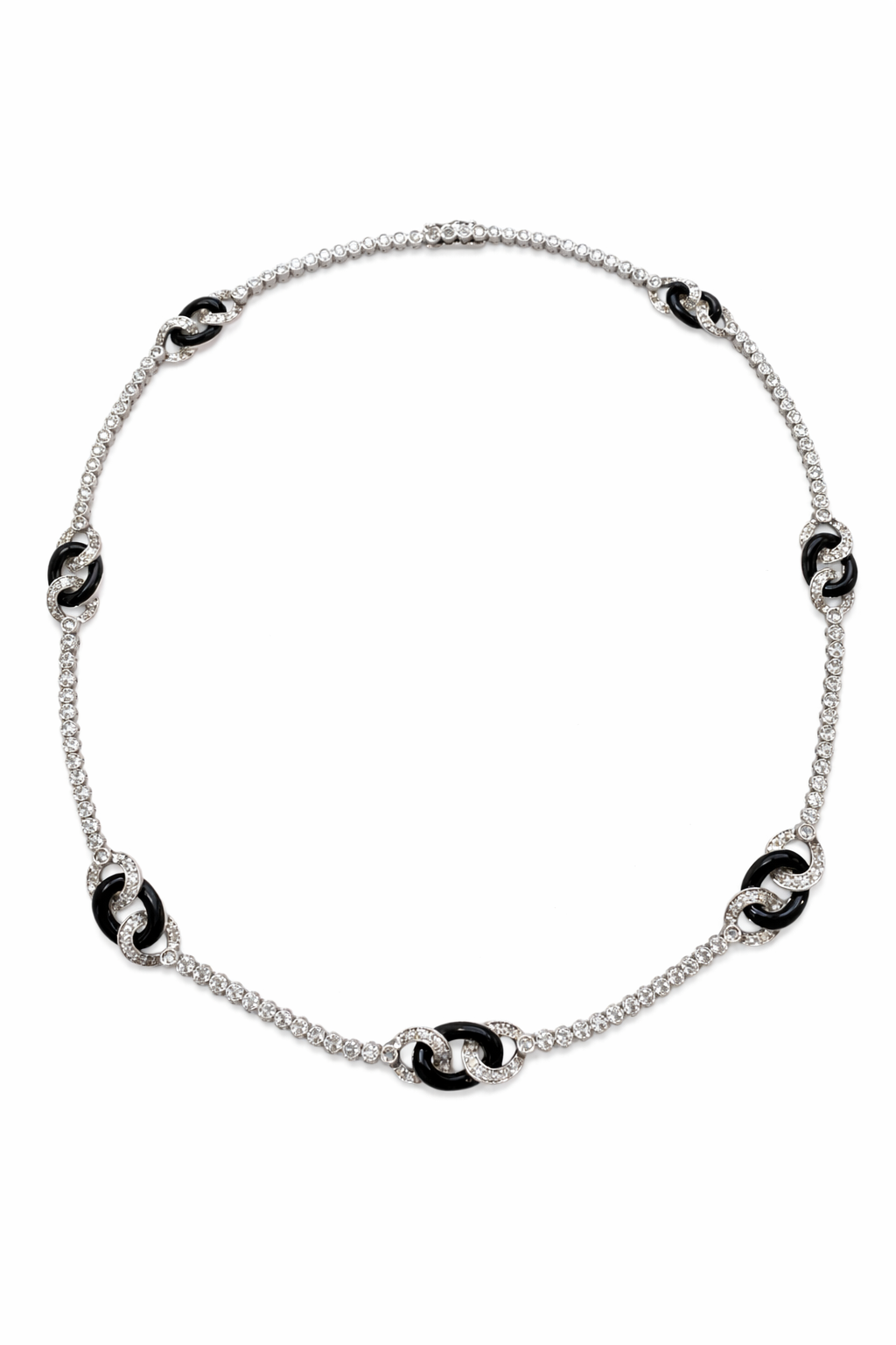 18K White Gold Diamond & Onyx Interlocking Link Necklace