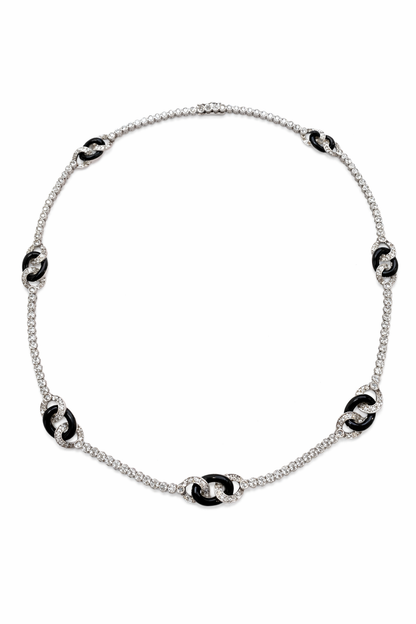 18K White Gold Diamond & Onyx Interlocking Link Necklace